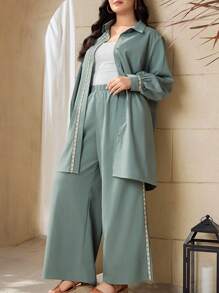 Mulvari 大码女式拼布编织腰带长袖衬衫和裤子两件套 - 綠色 - 查看 1