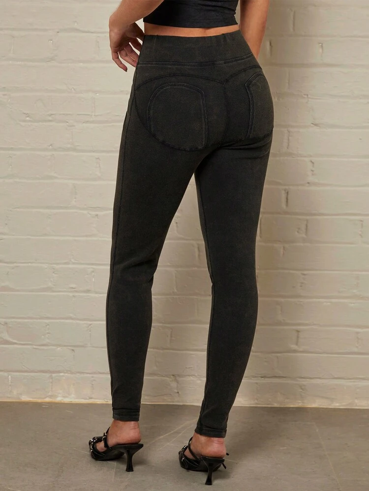Vintage Style Water Wash Knit Ladies Leggings With Retro Seam For Women