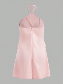 SHEIN Unity Women's Solid Color Ruffle Hem Backless Halterneck Dress - Pink - View 2