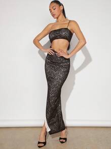 Hauture Ladies' Asymmetrical Lace Hollow Out High Slit Spaghetti Strap Dress - Black - View 5