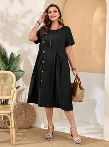 EMERY ROSE 大尺碼女士鬆身紐扣短袖圓領綠色連衣裙,側開叉設計適用於春季穿著