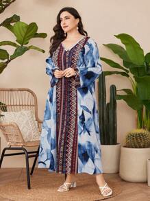 Al Najma Robe À Manches Longues Et Col En V De Style Arabe Pour Femmes De Grande Taille, Impression Aléatoire