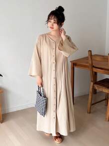 FRIFUL Women's Solid Color Single-Breasted Drop Shoulder Dress - Apricot - View 3
