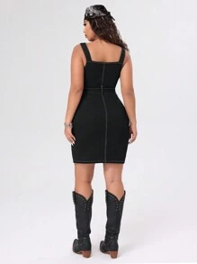 SHEIN ICON Kích thước lớn Có khóa kéo Thon gọn Đầm Denim - màu đen - Xem 2