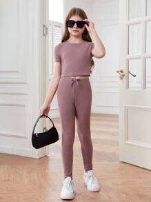 SHEIN Conjunto de pijama tejido para niña adolescente con parte superior de cuello redondo y pantalón de unicolor - Púrpura polvoriento - Ver 5