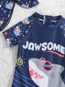 Baby Boy Shark Print One Piece Swimsuit With Swim Cap - Navy Blue - View 3