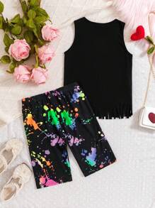 SHEIN Conjunto De Shorts De Malha Com Estampa De Coração E Estampa De Coração Para Meninas, Todos Os Dias, Verão