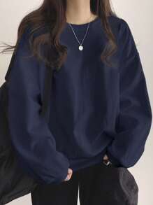 DAZY Solid Color Round Neck Drop Shoulder Casual Sweatshirt,Long Sleeve Tops,Fall Clothes