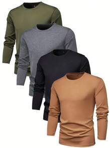 4pcs/Pack Men's Basic Solid Color Long Sleeve T-Shirts, Regular Fit, Casual Lightweight Spring/Autumn Daily Wear Tee, Fall Clothes - Multicolor - View 1