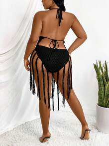 Allurite Plus Size Knitted Halter Neckline Mini Dress With Hollow Out Design, Fringed Hemline And Backless Detail - Black - View 2