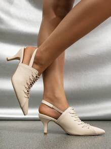 女士高跟尖头系带露跟穆勒鞋，镂空绑带闭趾套脚高跟鞋，百搭优雅，猫跟，适合派对、夏季穿搭 - 杏色 - 查看 4