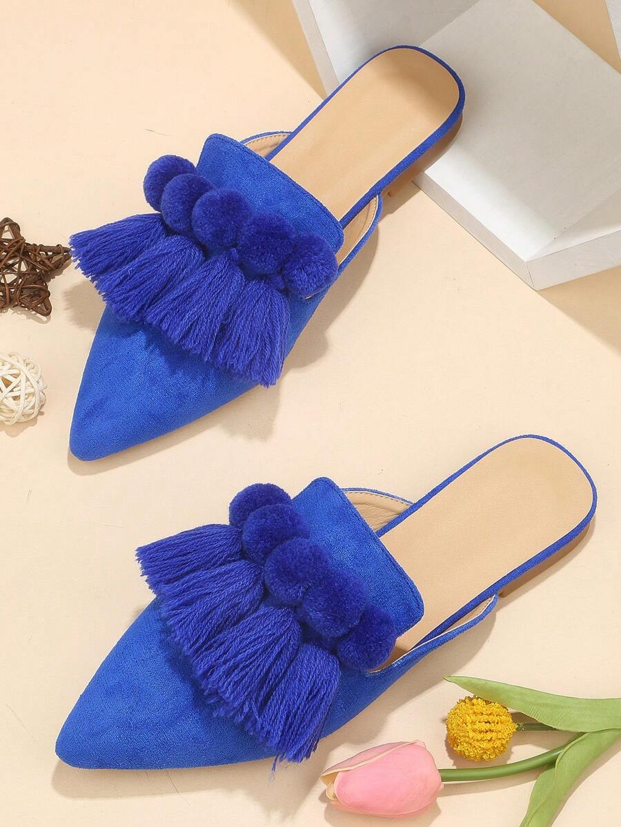Fashionable Furry Ball & Tassel Decor Pointed Toe Flat Shoes