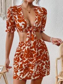 Breezaya Ladies' Plant Printed Tie Front Cropped Top And Skirt Set - Orange - View 5