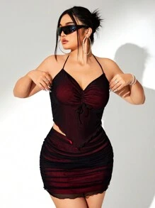 SHEIN ICON Plus Size Asymmetrical Hem Ruched Halter Top And Bodycon Skirt, Club & Festival & Concert Set