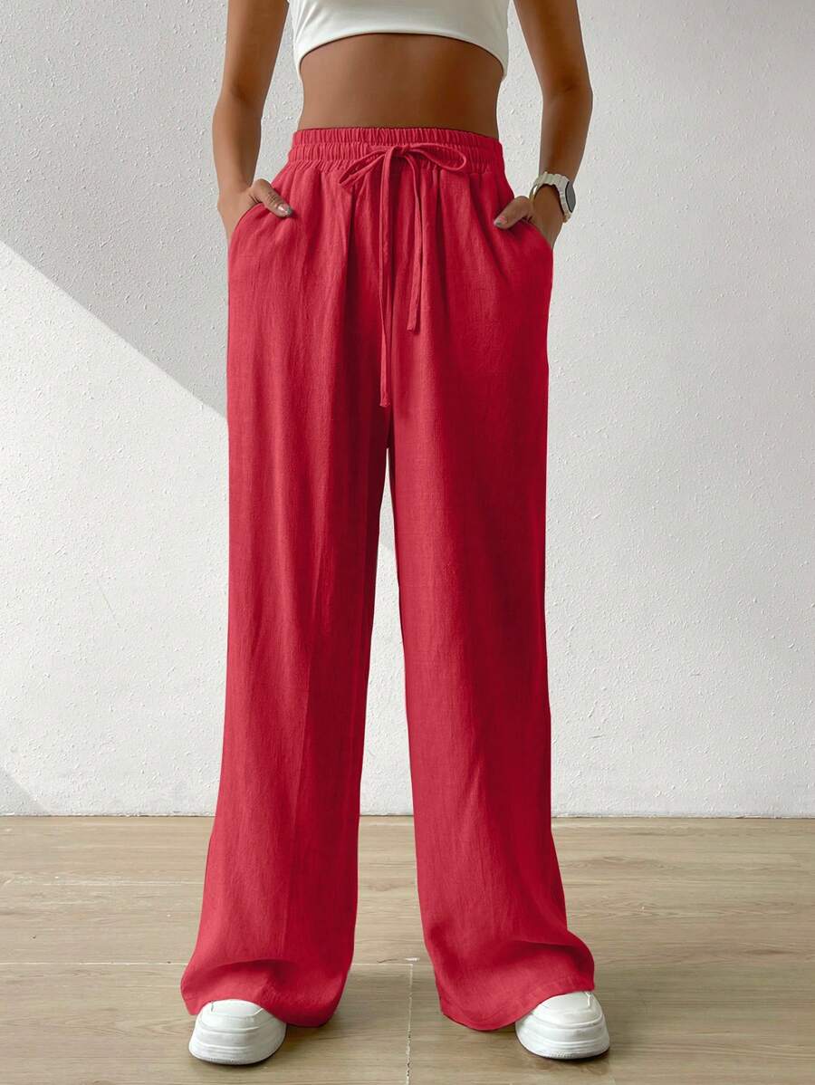 SHEIN EZwear Women's Summer Solid Color Beige High Waist Drawstring Waist Linen Wide Leg Pants - Red - View 1