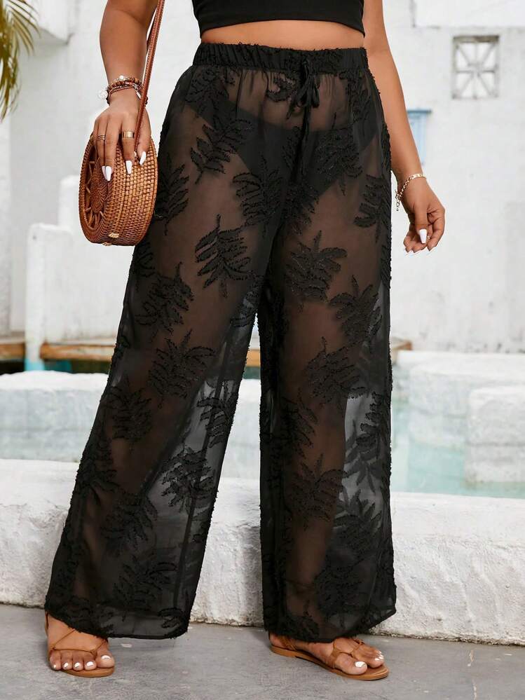 SHEIN Holidaya Pantalones De Talla Grande Con Detalle De Flores En La Cintura Elástica Y Patas Anchas - Negro - Ver 6