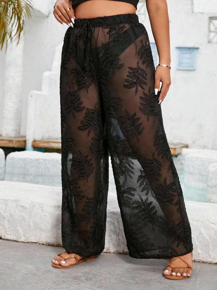 SHEIN Holidaya Pantalones De Talla Grande Con Detalle De Flores En La Cintura Elástica Y Patas Anchas - Negro - Ver 7