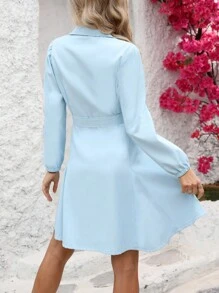 Breezaya Vestido casual de vacaciones para mujer de unicolor con botones frontales - Azul - Ver 2