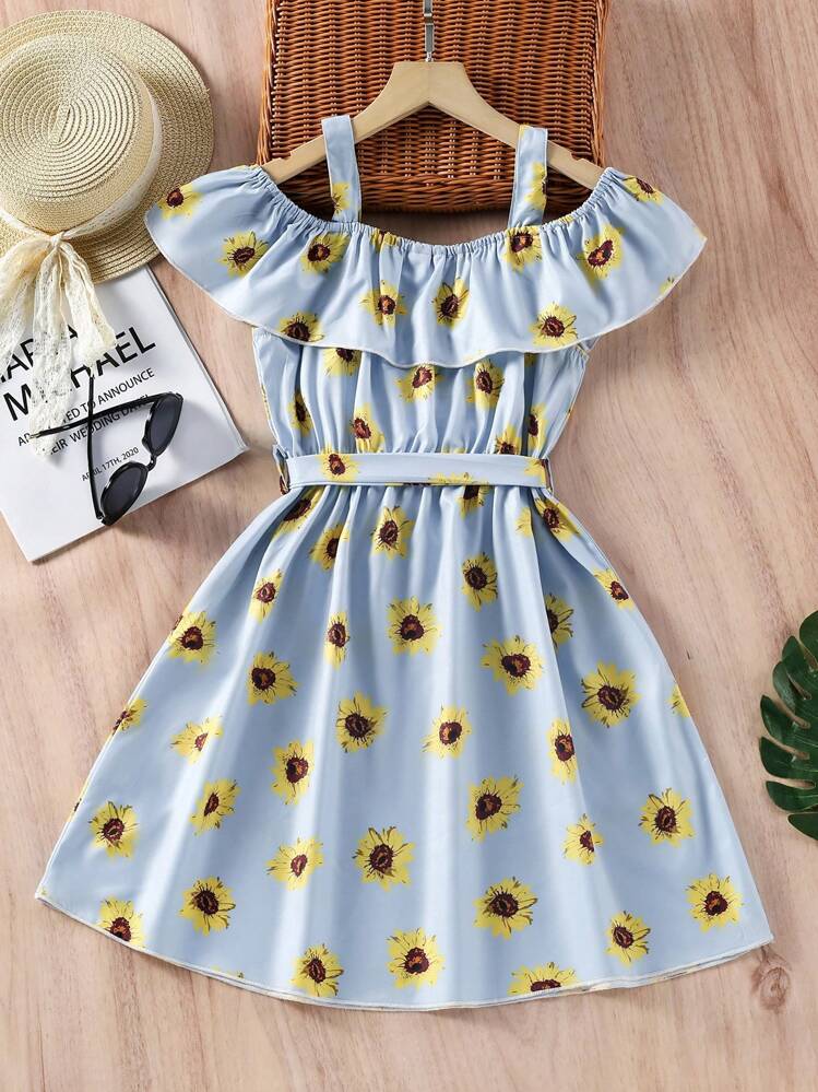 SHEIN ティーンガール向けひまわり柄のオープンショルダーワンピース