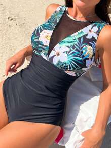 SHEIN Swim Đồ bơi liền thân in họa tiết nhiệt đới tương phản lưới mùa hè - màu đen - Xem 1