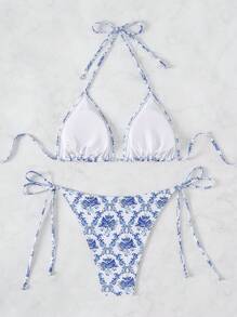 SHEIN Swim Bãi biển mùa hè 2 cái/bộ Bộ Bikini hai dây in hoa dành cho nữ - Nhiều màu - Xem 2
