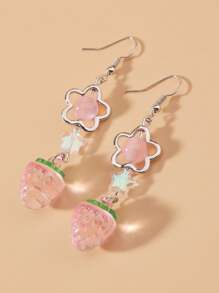 ROMWE Kawaii 可愛的聚合物黏土珠子星星,草莓形吊墜耳環珠寶禮物 - 粉色 - 查看 2