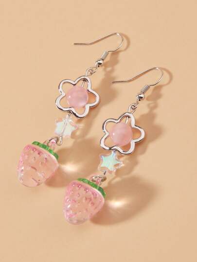 Kawaii Cute Polymer Clay Beaded Star, Strawberry Shaped Pendant Earrings Jewelry Gift