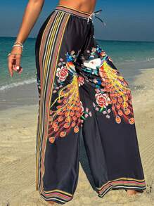 SHEIN Swim Summer Ladies' Peacock Printed Loose Fit Kimono Top With Long Pants - Multicolor - View 3