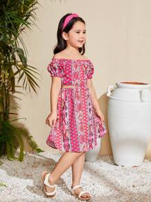 SHEIN Young Girl Woven Flower Print Off Shoulder Jumpsuit Dress For Leisure & Vacation - Multicolor - View 5