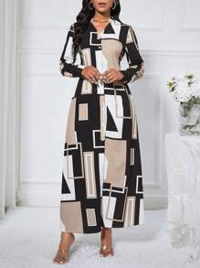 SHEIN Clasi Women's Geometric Pattern Dress Maxi Women Outfit Fall Cloth For Women - Khaki - View 4