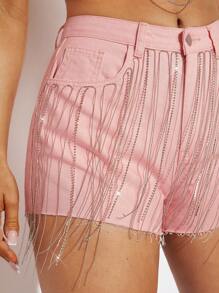Denimoi Chain Fringe Raw Hem Denim Shorts - Pink - View 6
