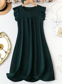 SHEIN LUNE Plus Size Solid Color Round Neck Ruffle Trim Decor Casual Dress