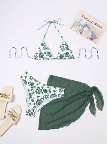 Swim Mod Floral Print Halter Neck Bikini Set With Separated Design, Bikini Set Bathing Suit Beach Outfit Summer Vacation,Summer Beach - Green - View 1