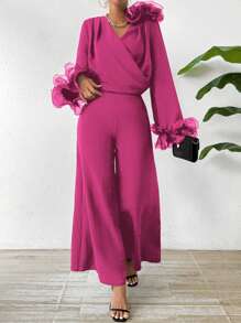 Chiquease 2pcs/Set Top And Wide Leg Pants With 3d Floral Decoration