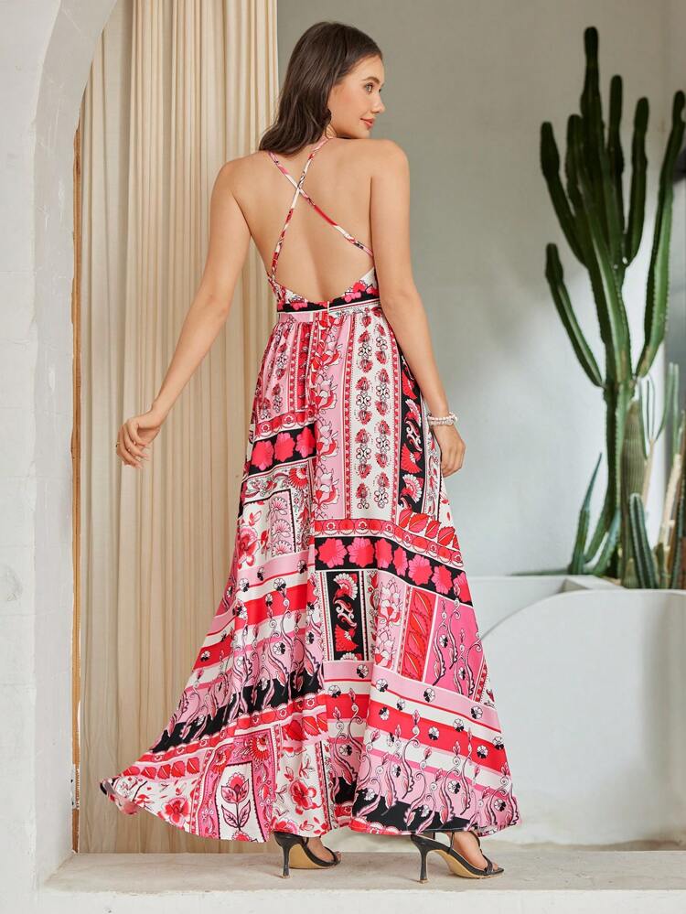 Women's Floral Print Backless Spaghetti Strap Dress