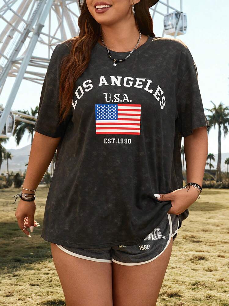 Plus Size Ultra-Loose Snowflake Frying American Flag Printed T-Shirt