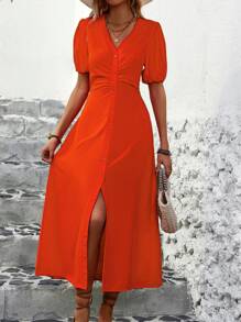 SHEIN Clasi 女士純色前鈕扣開衩擺連衣裙 - 橘色 - 查看 7