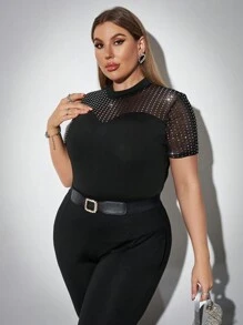 SHEIN Privé Plus Size Mesh & Glitter Patchwork Slim Fit T-Shirt - Black - View 8