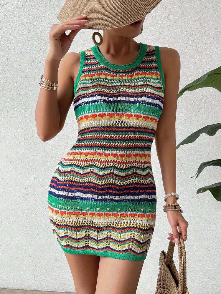 Ladies' Striped Hollow Out Round Neck Sleeveless Sweater Dress