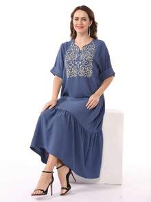 斋月刺绣 V 领宽松拼布褶皱阿拉伯风格连衣裙 Jalabia，传统优雅设计，适合 2025 年春夏