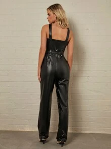 Forever 21 Front Zipper Pu Leather Overalls Jumpsuit - Black - View 2