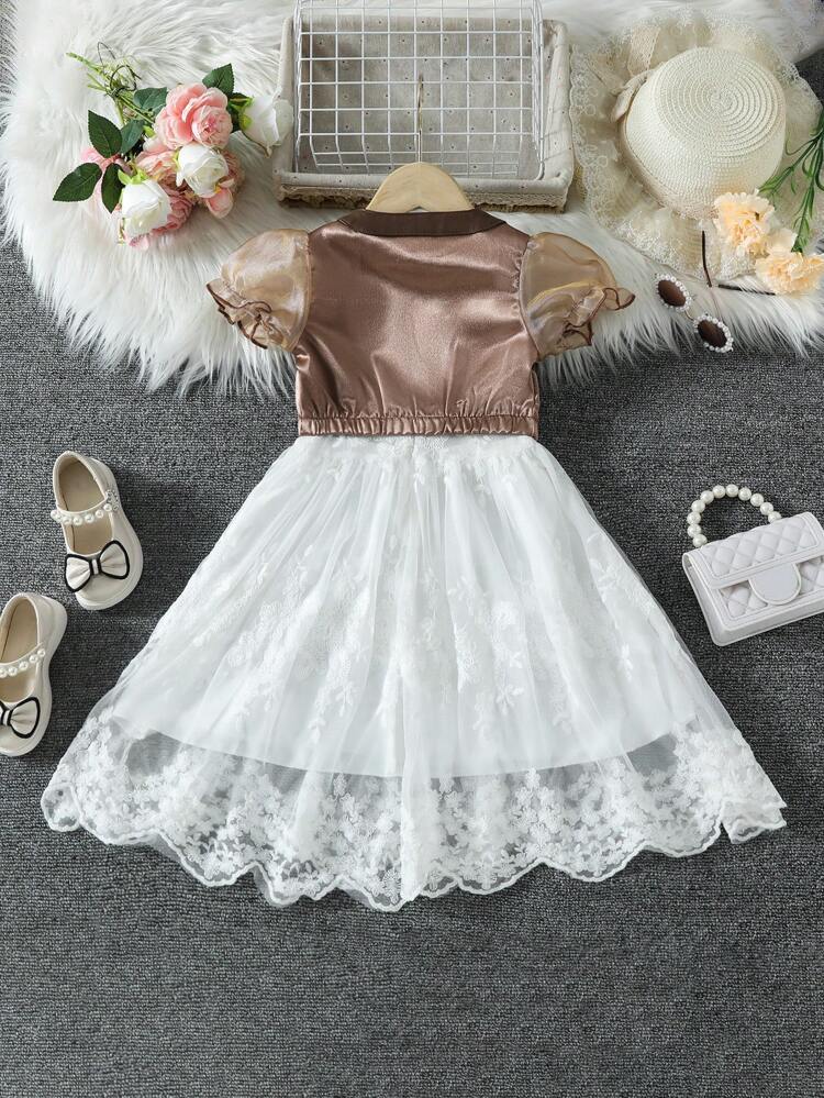 Young Girls' Fashionable Lace Dress And Puff Sleeve Top 2pcs/Set