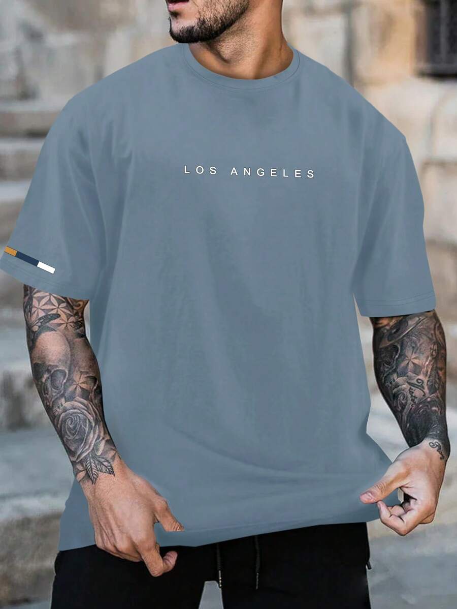 Manfinity Homme Men's Short Sleeve T-Shirt With Letter Print Design - Dusty Blue - View 1