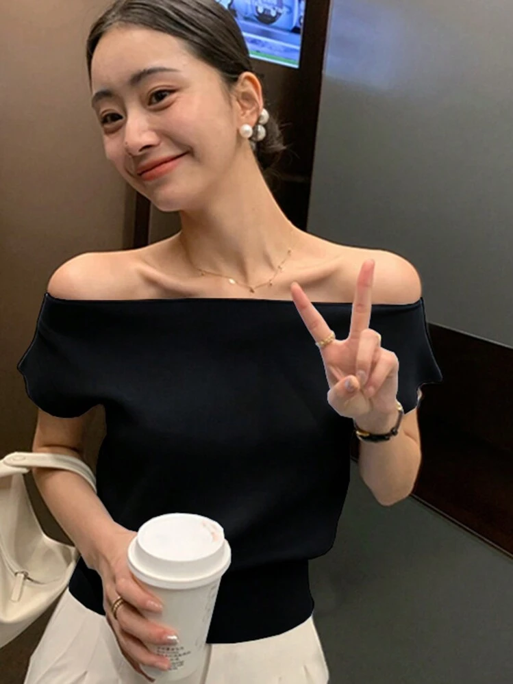 DAZY レディース 二の腕見せ 無地 編み 上衣 オフショルダー ショートスリーブ、サマーニット - ブラック - 見る 3