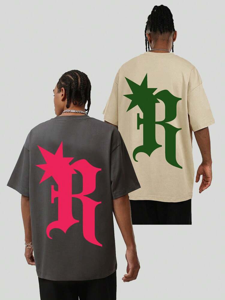 2pcs Tween Boys' Casual Street Style Letter Print Round Neck Short Sleeve Knit T-Shirt