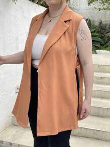 Celure 大尺寸純色翻領前開西裝背心 - 卡其色 - 查看 1