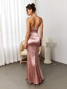 PARTHEA Đầm dự tiệc satin hở vai nhún bèo đuôi cá sang trọng, trang trọng, dự tiệc tốt nghiệp, tiệc tối - Bụi hồng - Xem 2