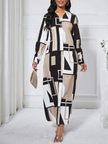 SHEIN Clasi Women's Geometric Pattern Dress Maxi Women Outfit Fall Cloth For Women - Khaki - View 5