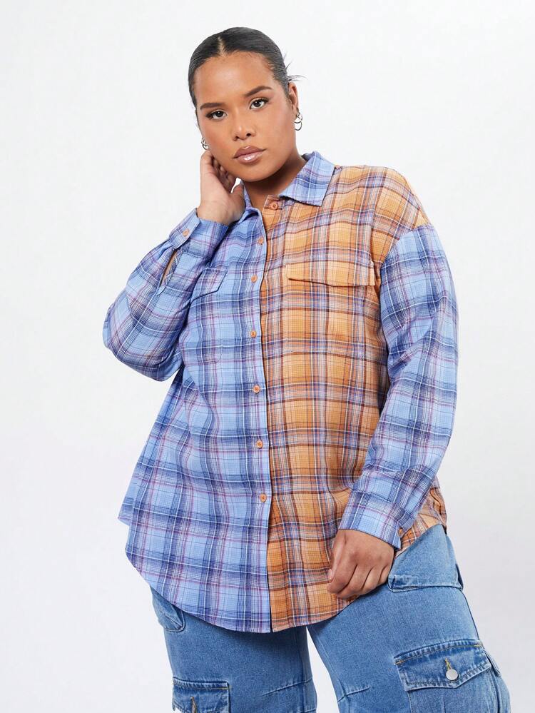 Plus Size Women' Plaid Drop Shoulder Long Sleeve Shirt