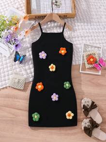 SHEIN Váy dây trang trí hoa 3d cô gái trẻ - màu đen - Xem 1